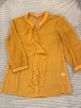 3/4 Sheer Yellow Polka Dot Ruffle Front Blouse